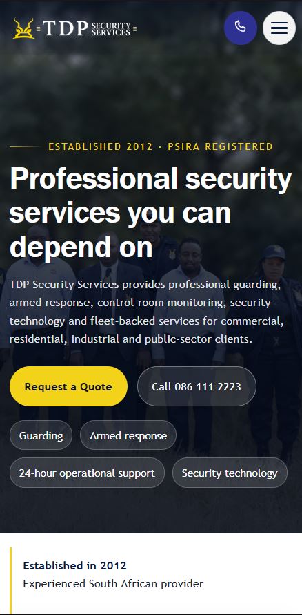 TDP Security mobile website screenshot